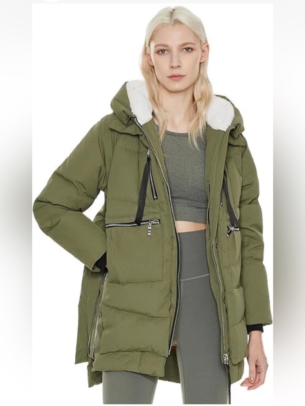 OROLAY Women's Sage Green Oversized Zip Front Thickened Down Puffer Jacket Med
